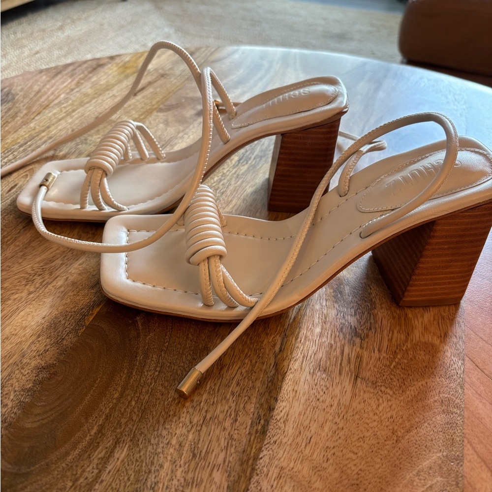 SCHUTZ Cream Strappy Heels with Block Heel